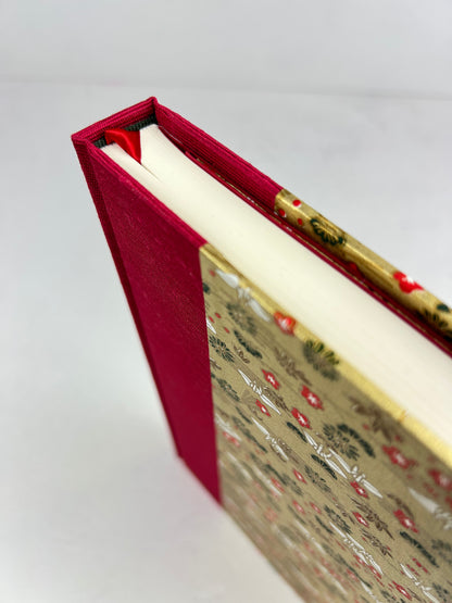 A5 160-page Hardcover Journal finished in Cardinal Red Japanese book cloth and White Cranes on Gold Chiyogami Paper