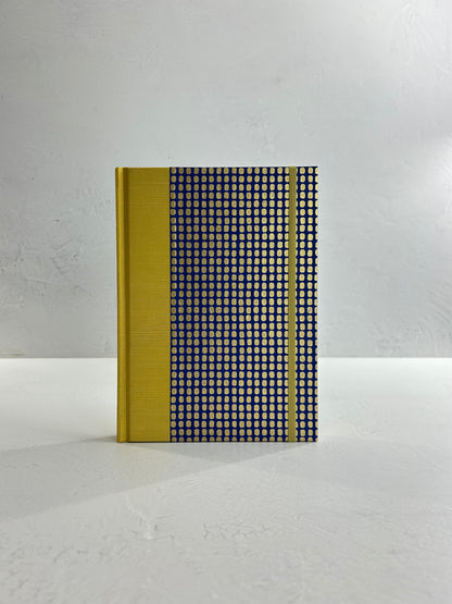 A5 160-page Hardcover Journal finished in Yellow Gold Japanese book cloth and blue and gold Chiyogami Paper