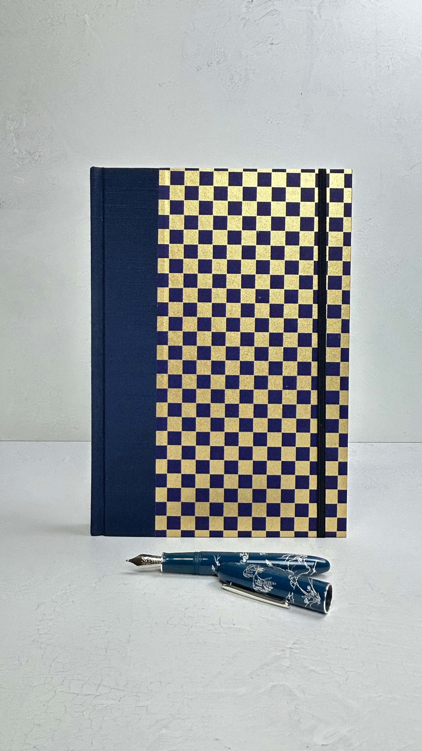 B5 192-page Hardcover Journal finished in Cadet Blue Japanese book cloth and Checkered Chiyogami Paper