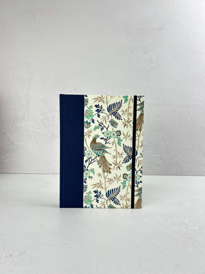 A5 Hardcover Notebook finished in Cadette Blue Japanese book cloth and Gold Peacock Italian Print