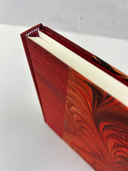 A5 160-page Hardcover Journal finished in Dark Red Japanese book cloth and hand marbled paper by Daniel Gaál
