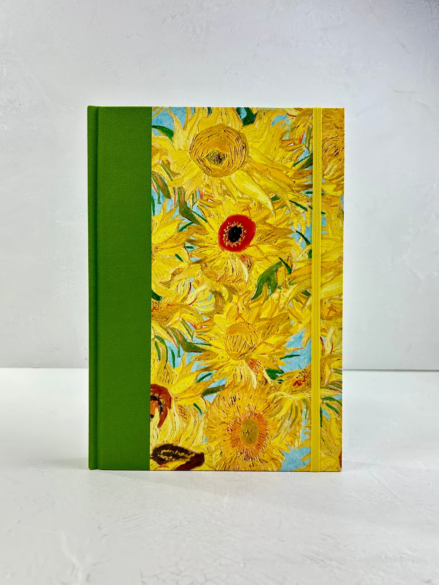 B5 192-page Hardcover Journal finished in Lemon Grass Green Verona book cloth and Sunflowers by Vincent Van Gogh