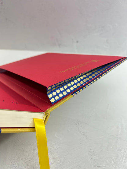 A5 160-page Hardcover Journal finished in Yellow Gold Japanese book cloth and blue and gold Chiyogami Paper