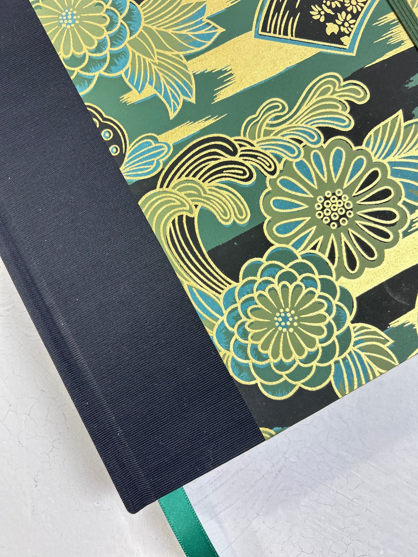 A5 Hardcover Notebook finished in Black Japanese book cloth and bold botanical Chiyogami Paper