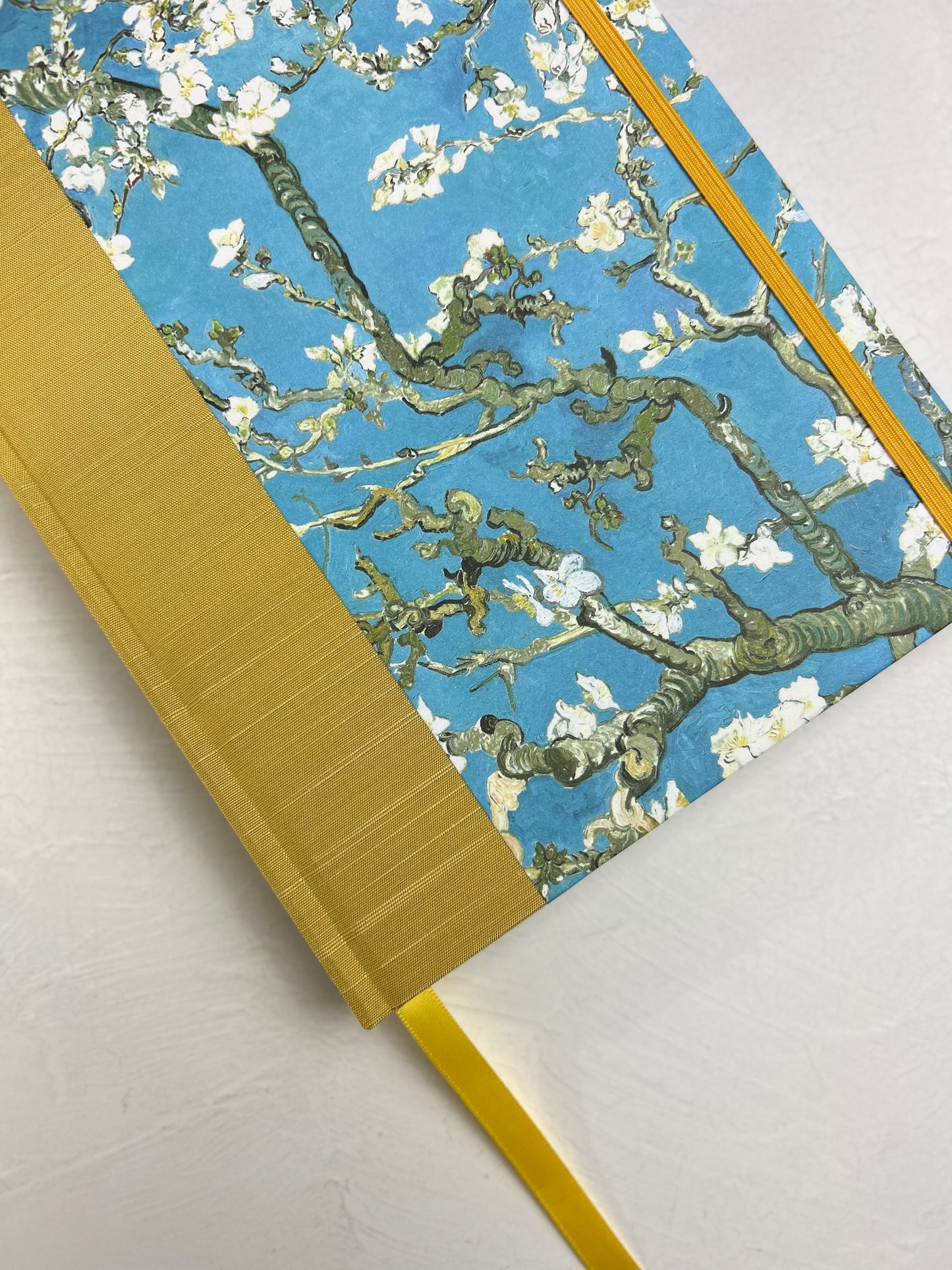 A5 Hardcover Notebook finished in Yellow Gold Japanese book cloth and Vincent Van Gogh Almond Blossoms