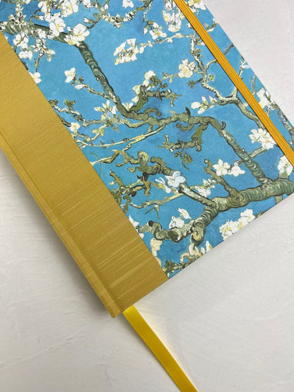 A5 Hardcover Notebook finished in Yellow Gold Japanese book cloth and Vincent Van Gogh Almond Blossoms