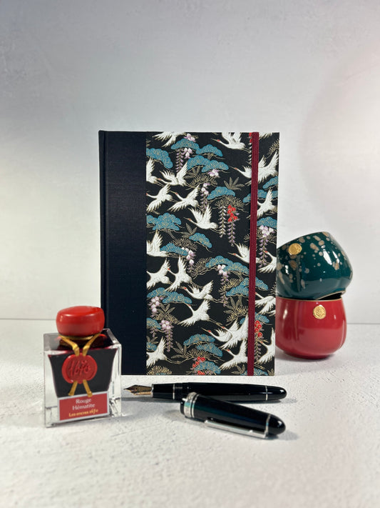 A5 Hardcover Notebook finished in White Cranes on Black Chiyogami Paper
