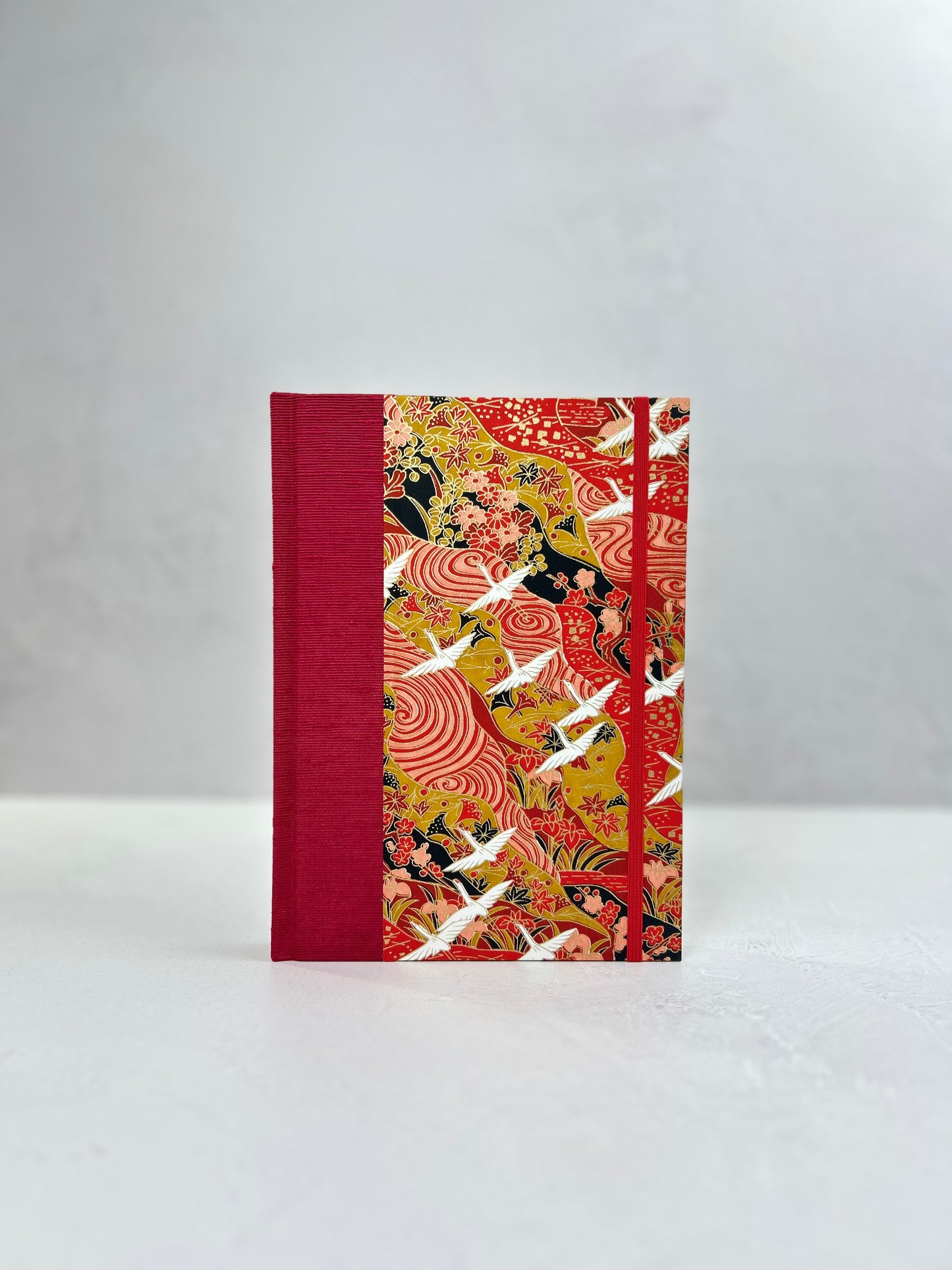 A5 Hardcover Notebook finished in Cardinal Red Japanese book cloth and White Cranes on Red Chiyogami Paper