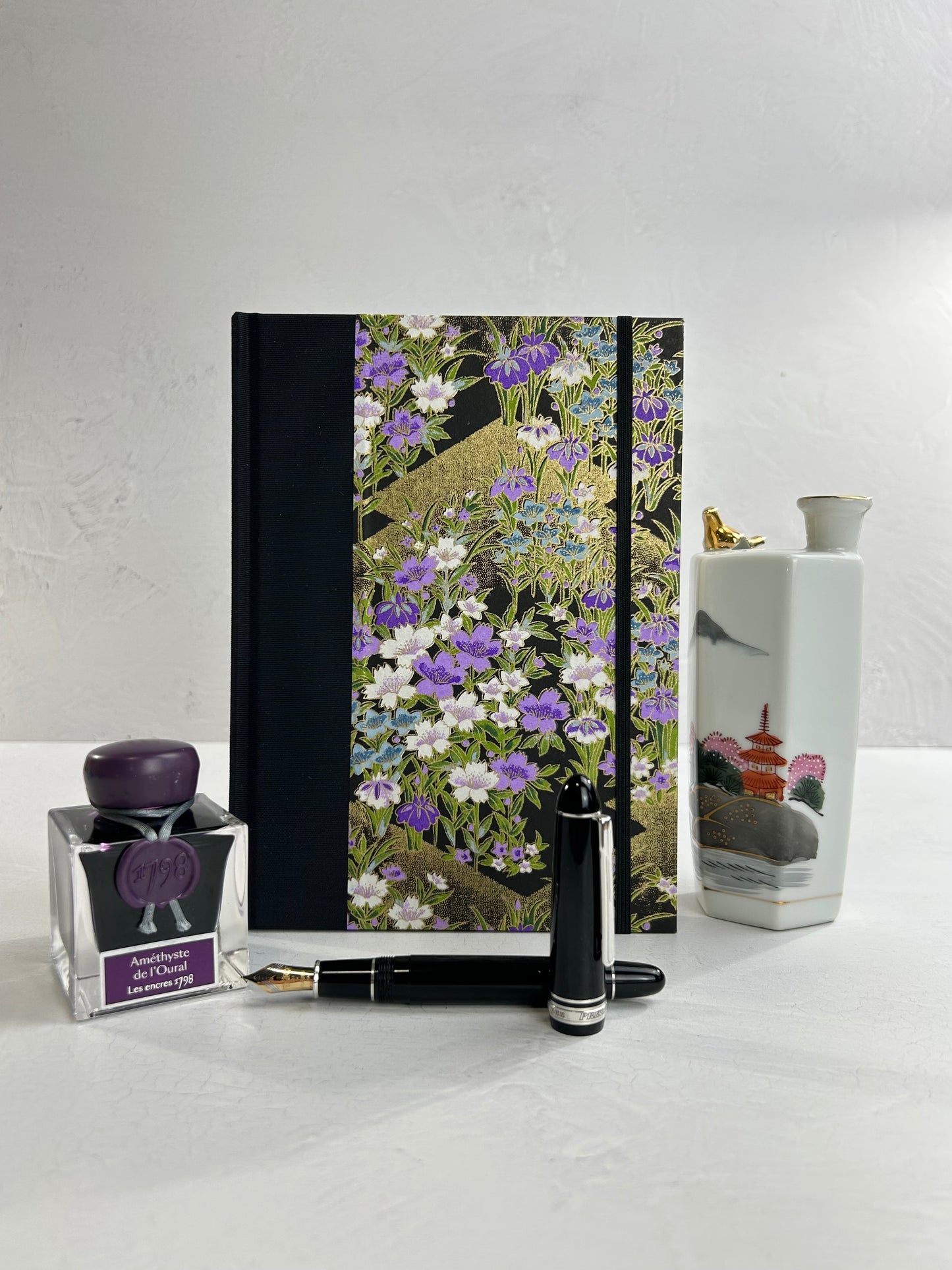 A5 160-page Hardcover Journal finished in black Japanese book cloth and purple wild flower Chiyogami paper
