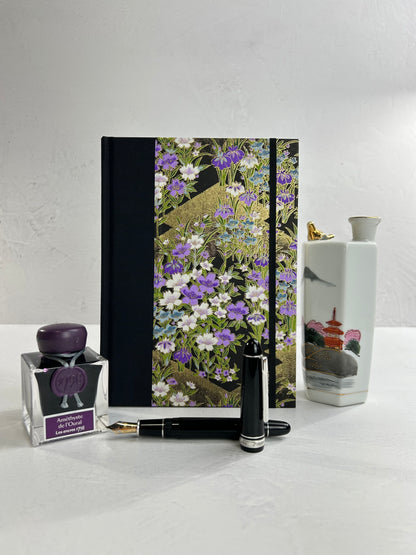 A5 160-page Hardcover Journal finished in black Japanese book cloth and purple wild flower Chiyogami paper