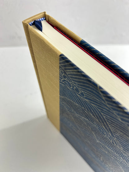 A5 160-page Hardcover Journal finished in soft gold Japanese book cloth and golden waves on blue Chiyogami Paper