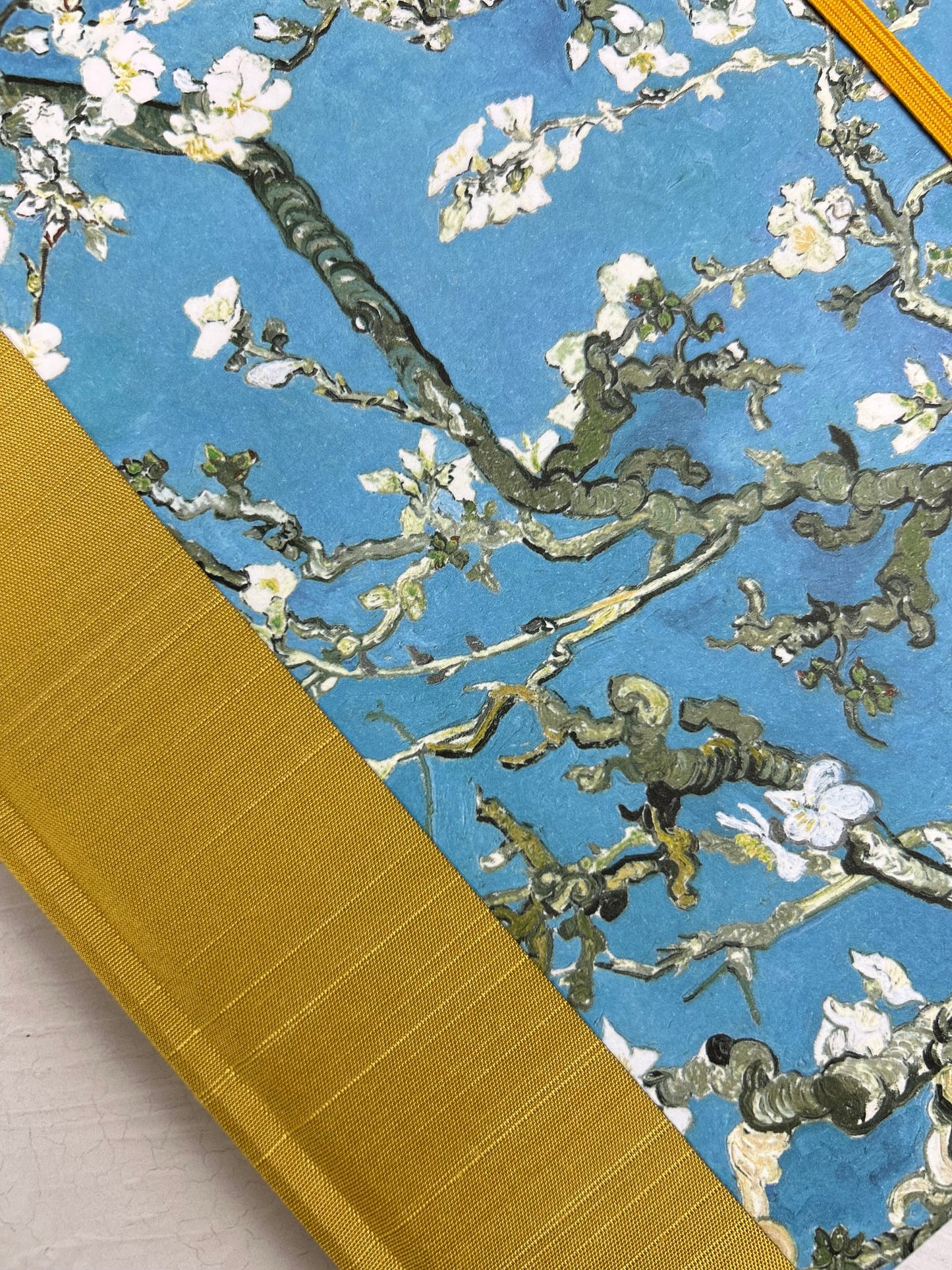 A5 Hardcover Notebook finished in Yellow Gold Japanese book cloth and Vincent Van Gogh Almond Blossoms