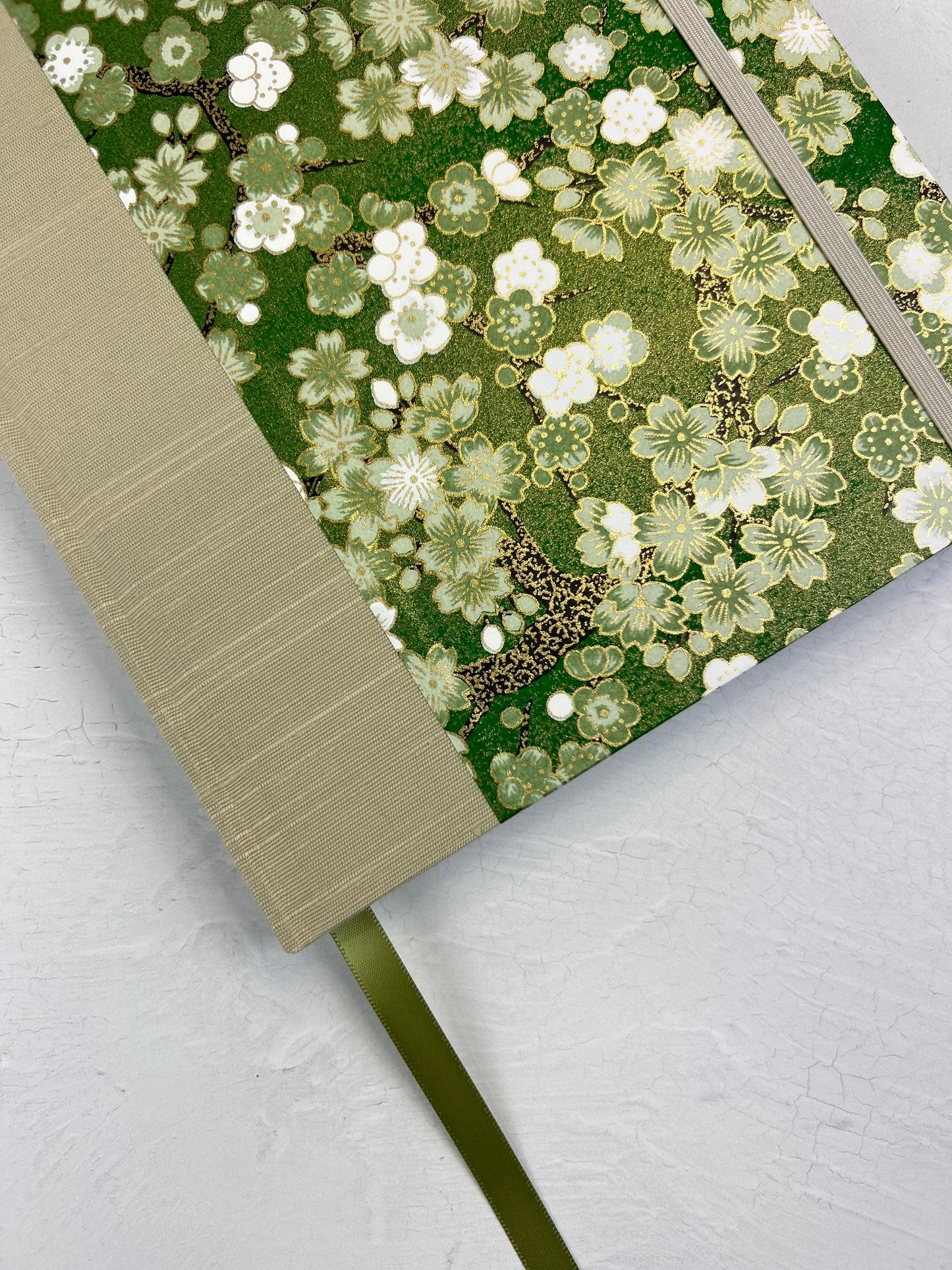 A5 160-page Hardcover Journal finished in Platinum Japanese book cloth and Cherry Blossom Chiyogami Paper