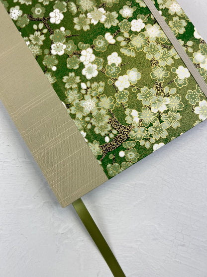 A5 160-page Hardcover Journal finished in Platinum Japanese book cloth and Cherry Blossom Chiyogami Paper