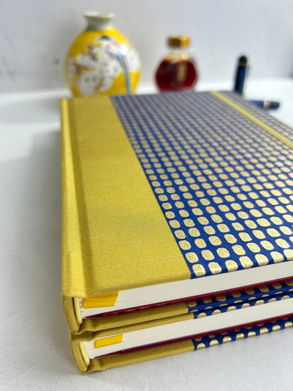 A5 160-page Hardcover Journal finished in Yellow Gold Japanese book cloth and blue and gold Chiyogami Paper