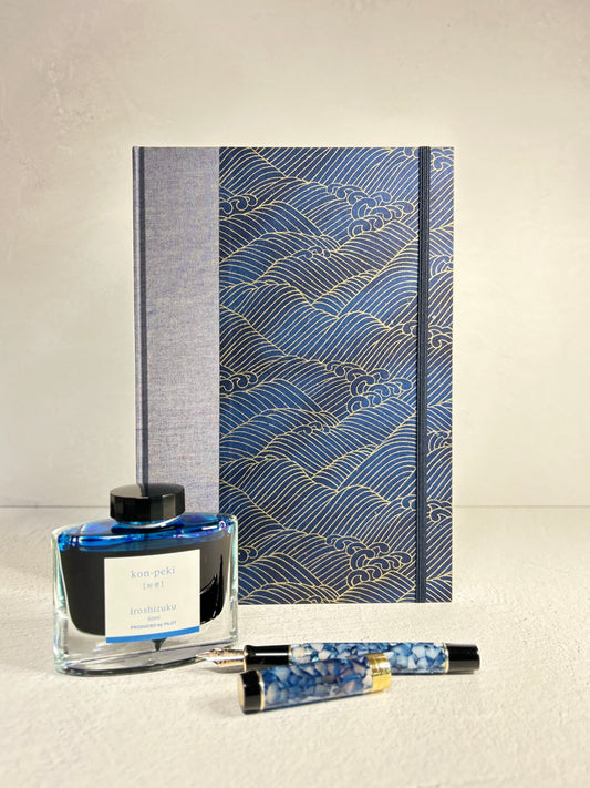 B5 Hardcover Notebook finished in Golden Waves on Blue Chiyogami Paper