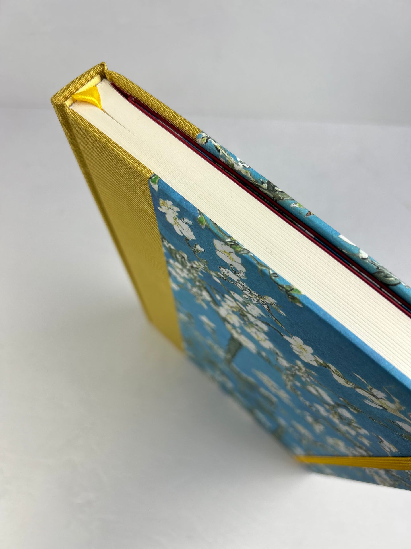 A5 Hardcover Notebook finished in Yellow Gold Japanese book cloth and Vincent Van Gogh Almond Blossoms