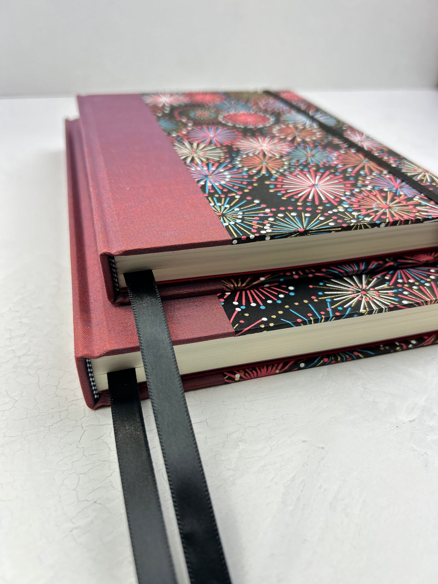 (JANUARY 2026 DELIVERY) B5 Hardcover Notebook finished in Rust Blue Japanese book cloth and Chiyogami Fireworks on Black