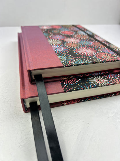 (JANUARY 2026 DELIVERY) B5 Hardcover Notebook finished in Rust Blue Japanese book cloth and Chiyogami Fireworks on Black