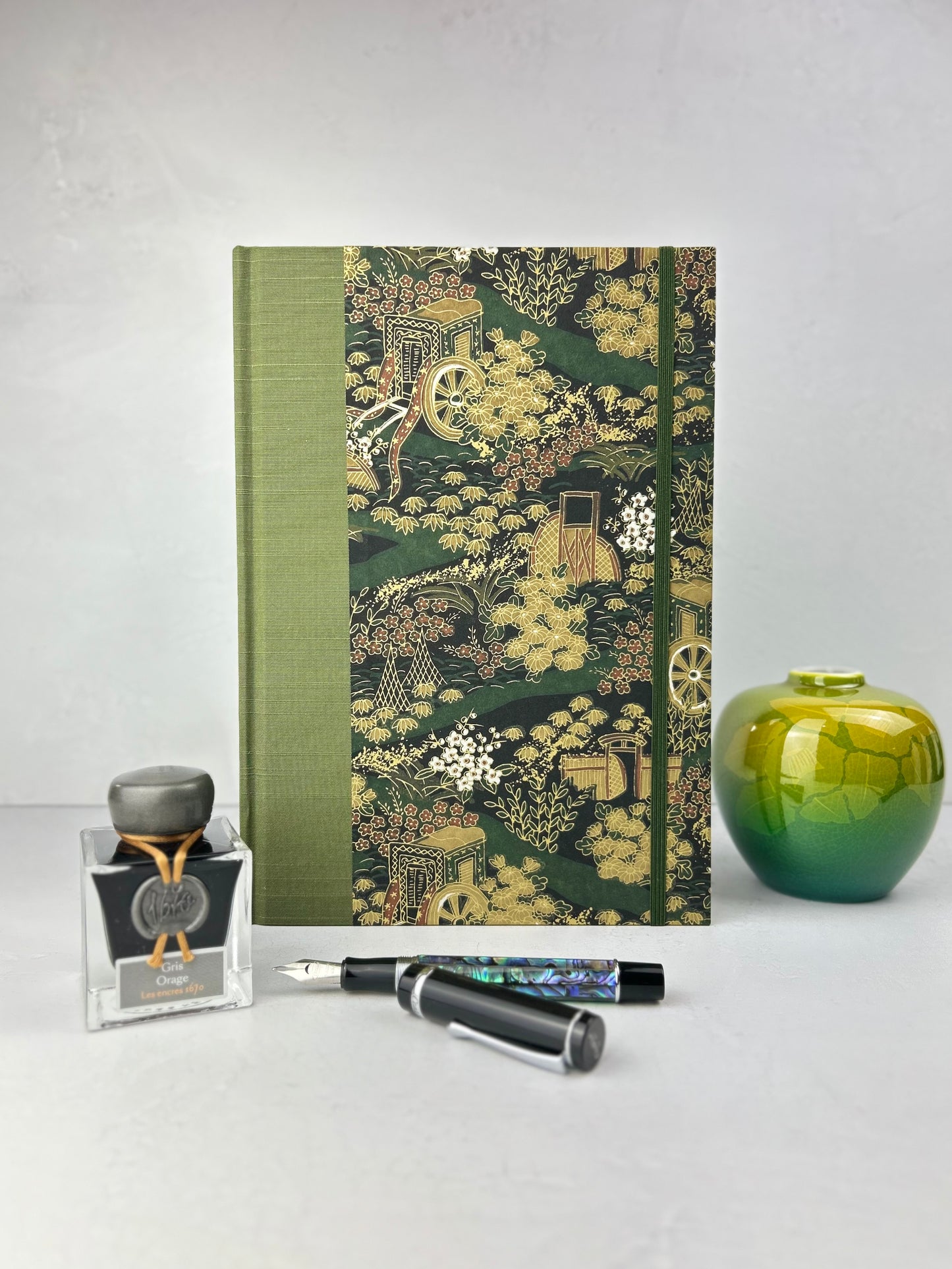 B5 Hardcover Notebook finished in Olive Green Japanese book cloth and Vintage Chiyogami Paper