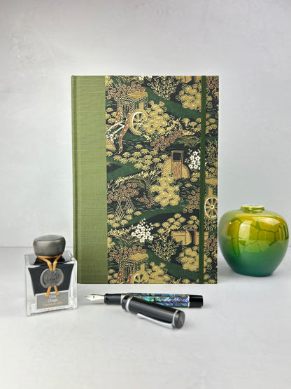 B5 Hardcover Notebook finished in Olive Green Japanese book cloth and Vintage Chiyogami Paper