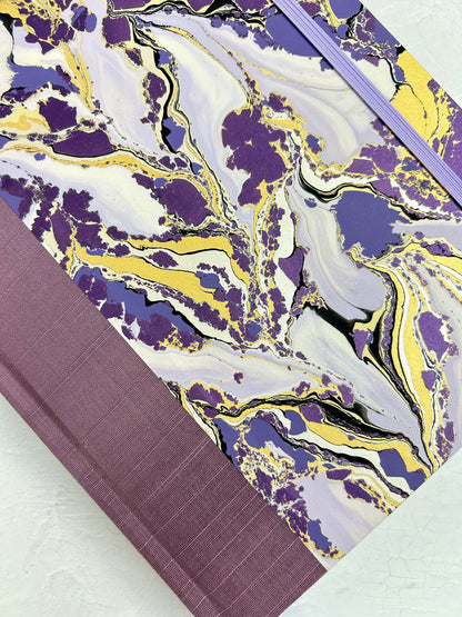 B5 192-page Hardcover Journal finished in plum Japanese book cloth and hand marbled paper by Renato Crepaldi