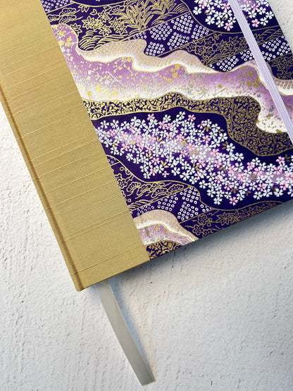 A5 Hardcover Notebook finished in Soft Gold Japanese book cloth and Imperial Purple and Gold Chiyogami