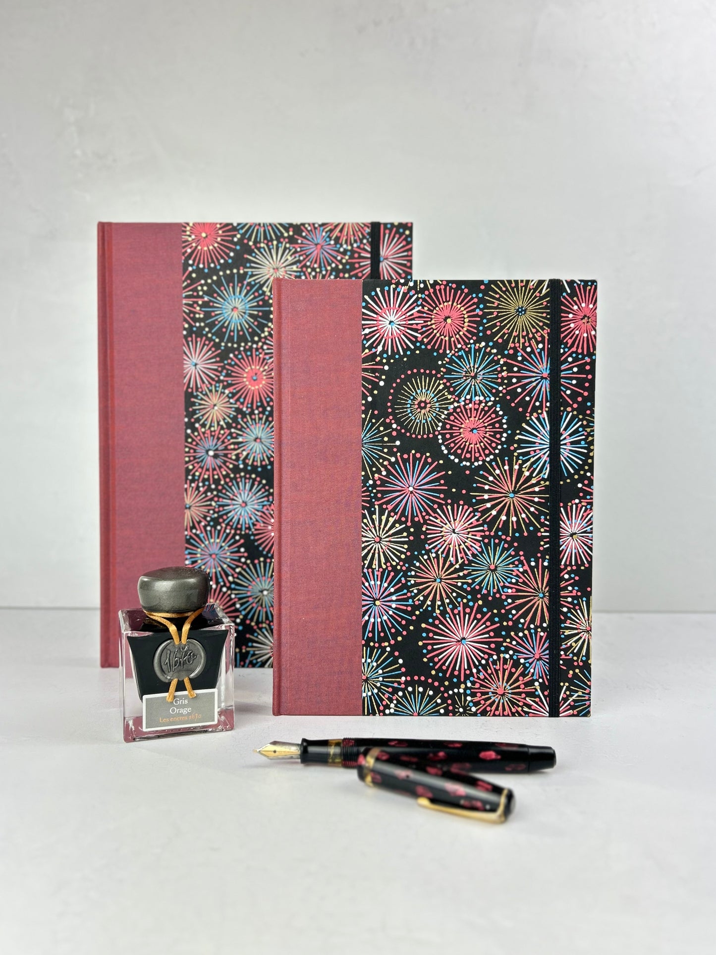 (JANUARY 2026 DELIVERY) B5 Hardcover Notebook finished in Rust Blue Japanese book cloth and Chiyogami Fireworks on Black