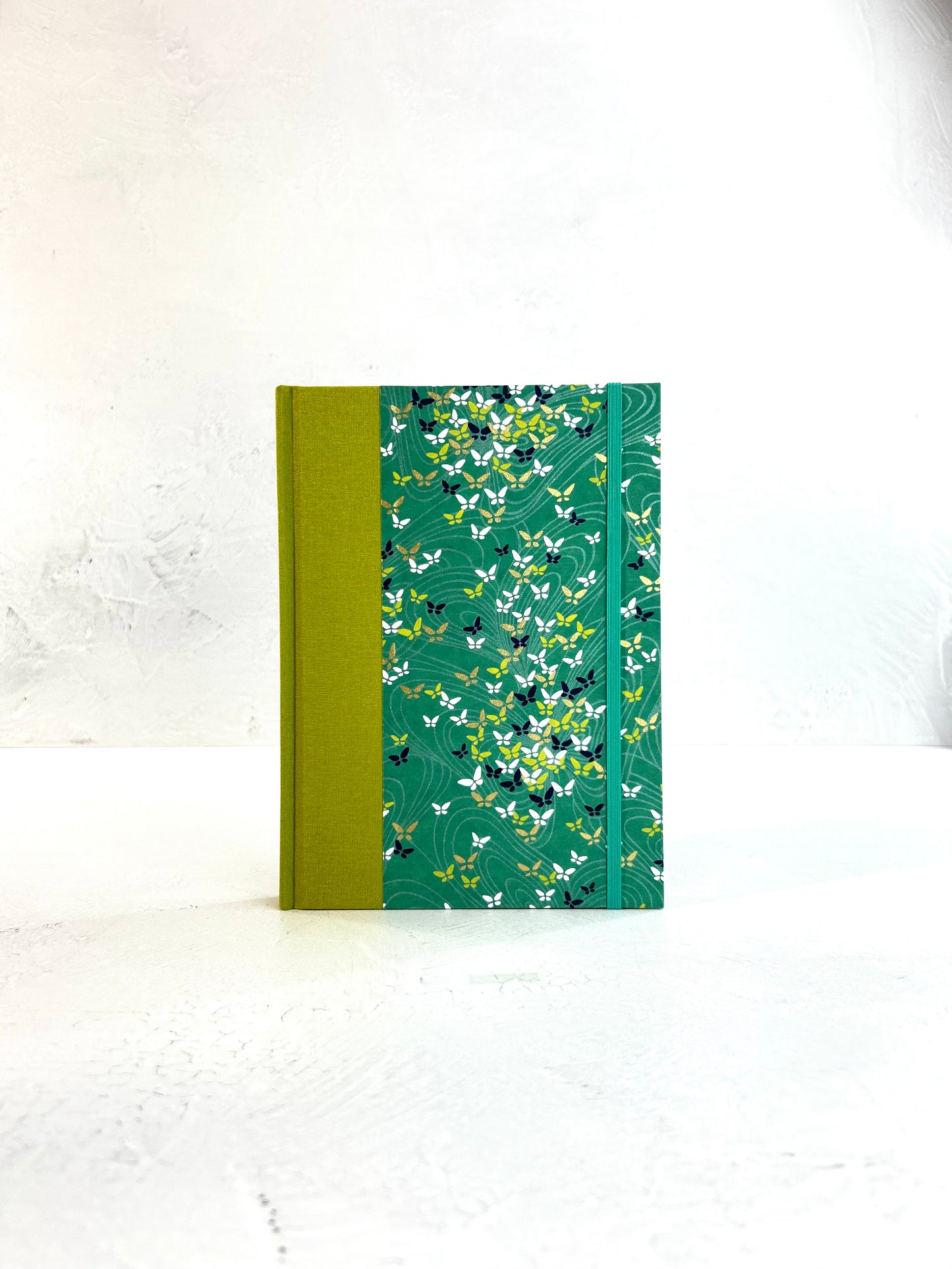 A5 160-page Hardcover Journal finished in Lemongrass Verona book cloth and Butterfly Chiyogami Paper