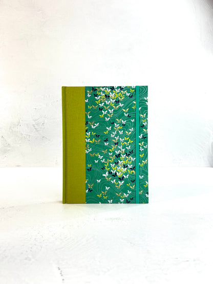 A5 160-page Hardcover Journal finished in Lemongrass Verona book cloth and Butterfly Chiyogami Paper