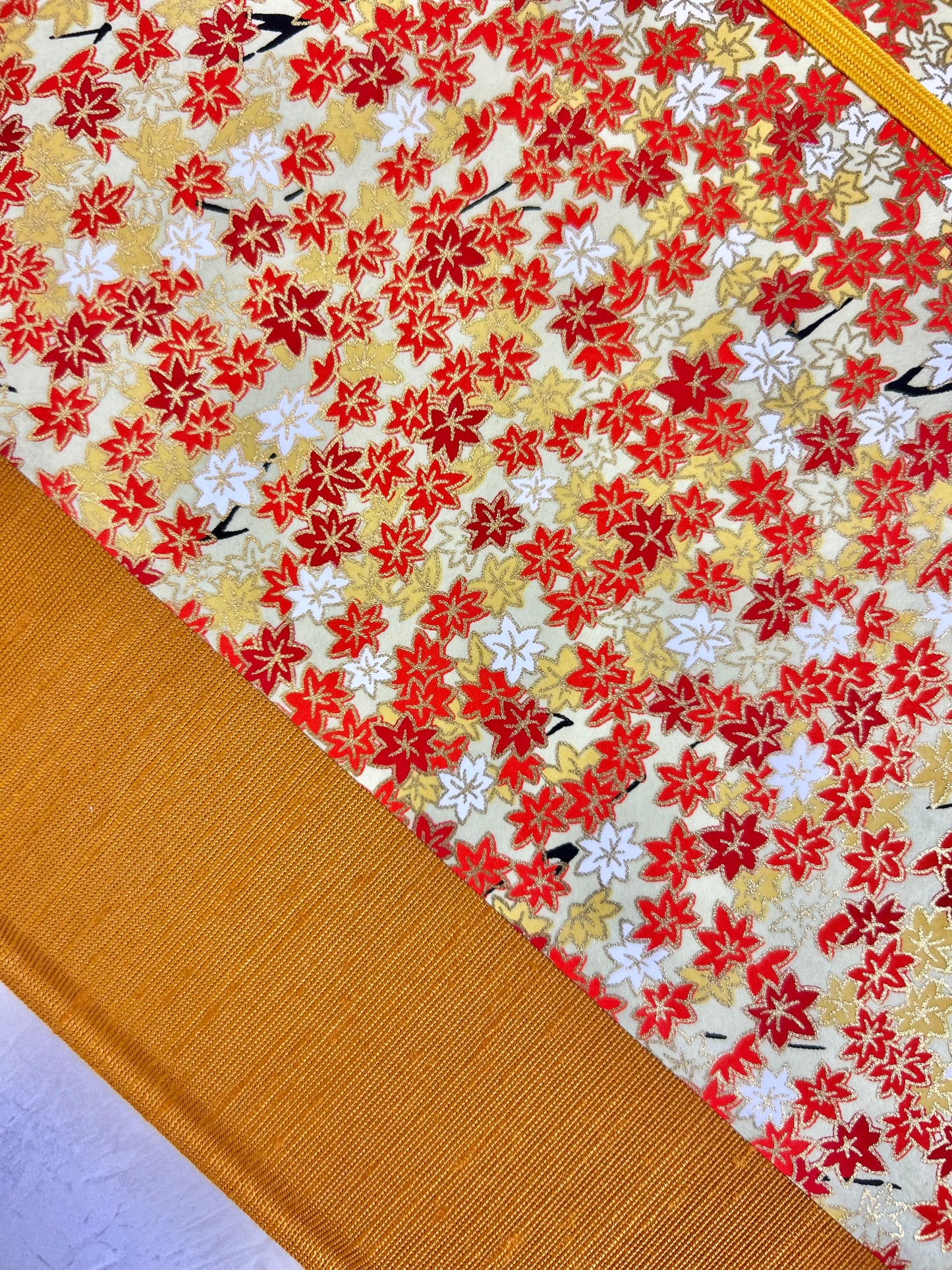 NEW A5 Hardcover Notebook finished in Ochre Japanese book cloth and Fall leaves Chiyogami Paper