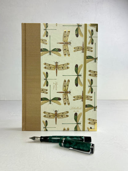 B5 192-page Hardcover Journal finished in Soft Gold Japanese book cloth and Dragonfly Florentine Italian Paper