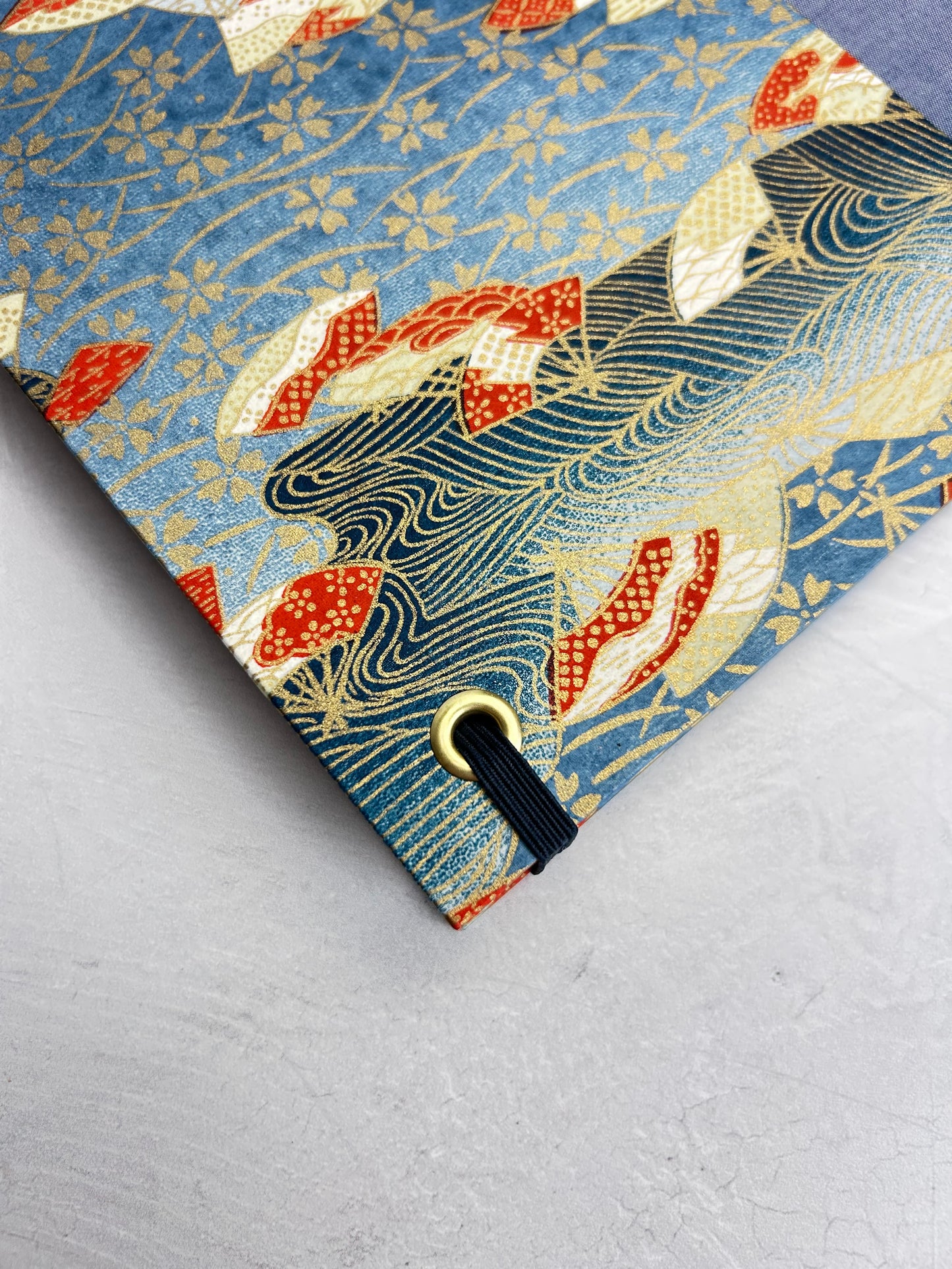 WABI-SABI B5 192-page Hardcover Journal finished in Steel Blue Japanese book cloth and vintage Chiyogami Paper