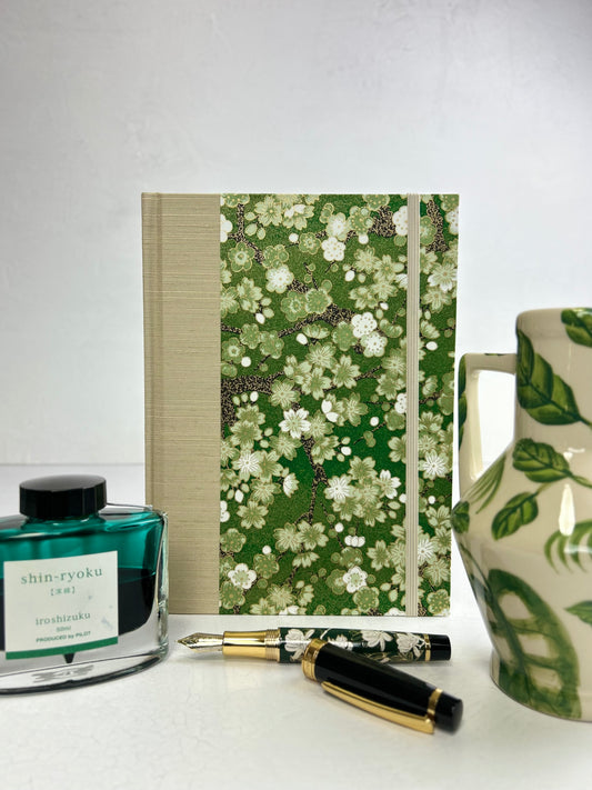 A5 160-page Hardcover Journal finished in Platinum Japanese book cloth and Cherry Blossom Chiyogami Paper