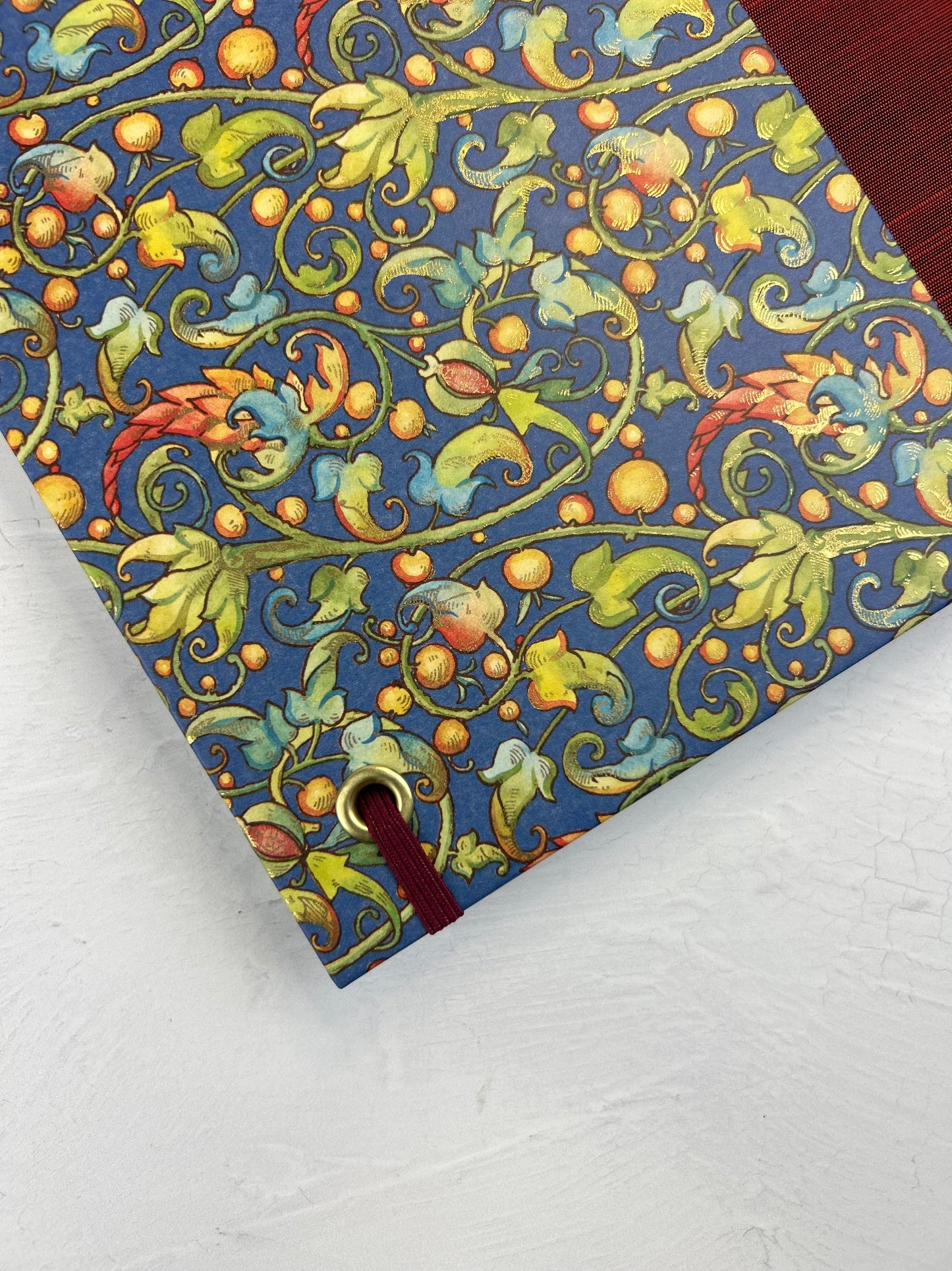 A5 160-page Hardcover Journal finished in Dark Red Japanese book cloth and Floral Italian Florentine Paper