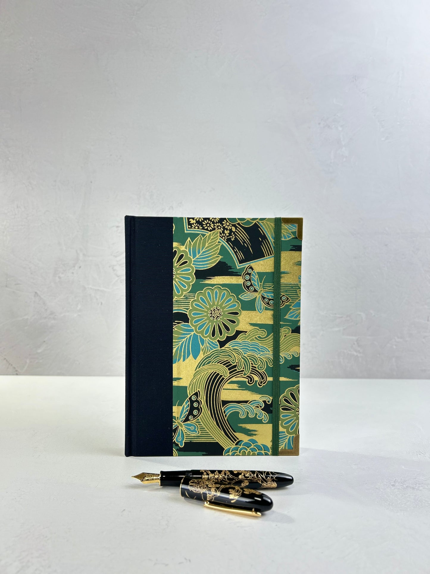 A5 Hardcover Notebook finished in Black Japanese book cloth and bold botanical Chiyogami Paper