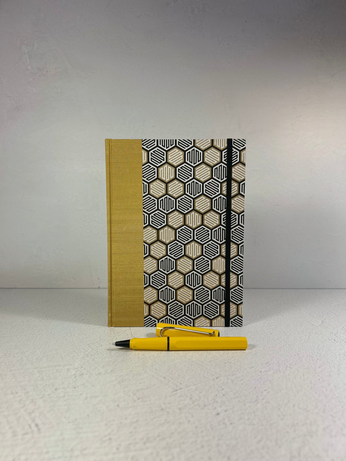 A5 Hardcover Notebook finished in Yellow and Black Honeycomb Chiyogami Paper