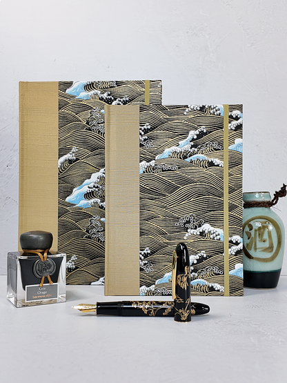 PRE-ORDER NEW B5 192-page Hardcover Journal finished in Soft Gold and Gold and Blue Waves Chiyogami Paper