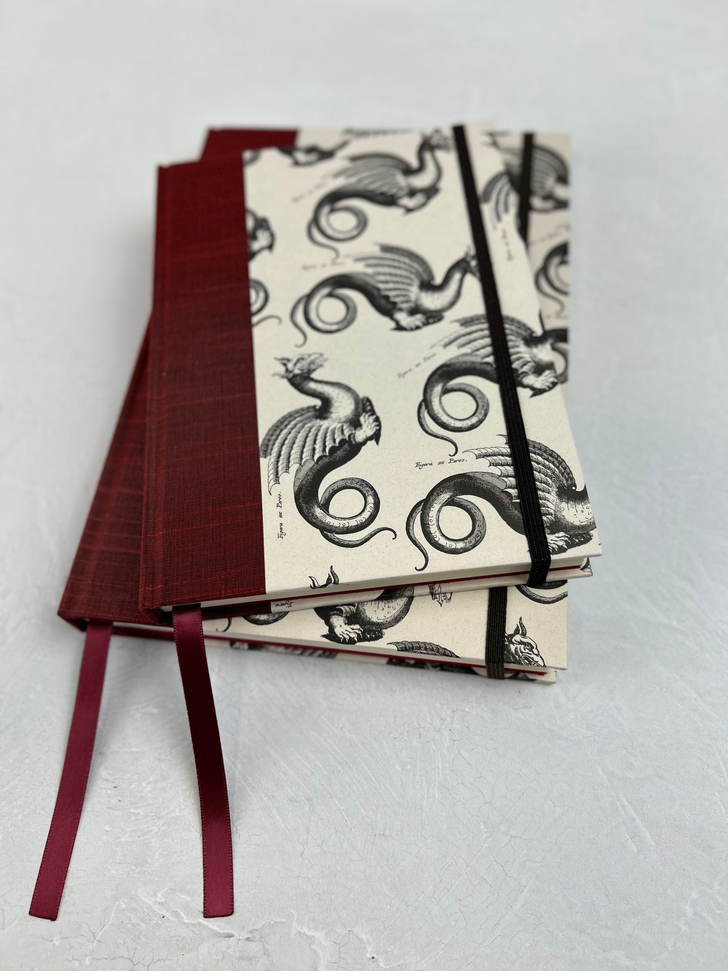 NEW A5 Hardcover Notebook finished in Blood Red Japanese book cloth and Italian Medieval Letterpress Dragons Paper