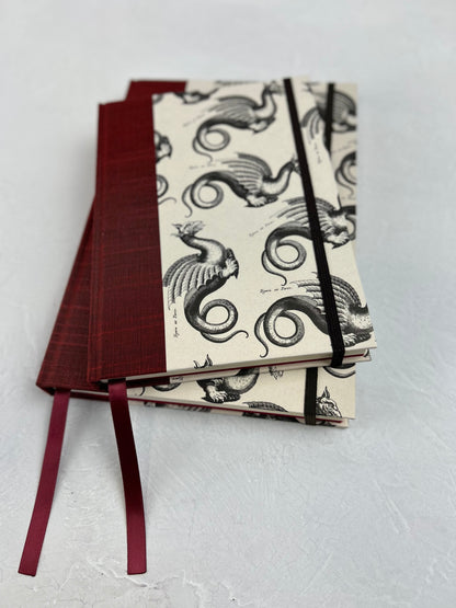 NEW A5 Hardcover Notebook finished in Blood Red Japanese book cloth and Italian Medieval Letterpress Dragons Paper
