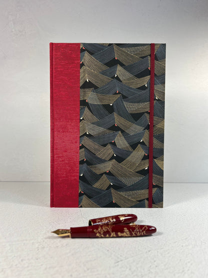 (PRE-ORDER October Delivery) B5 192-page Hardcover Notebook finished in Cardinal Red Japanese Bookcloth and Black and Gold Chiyogami Japanese Paper