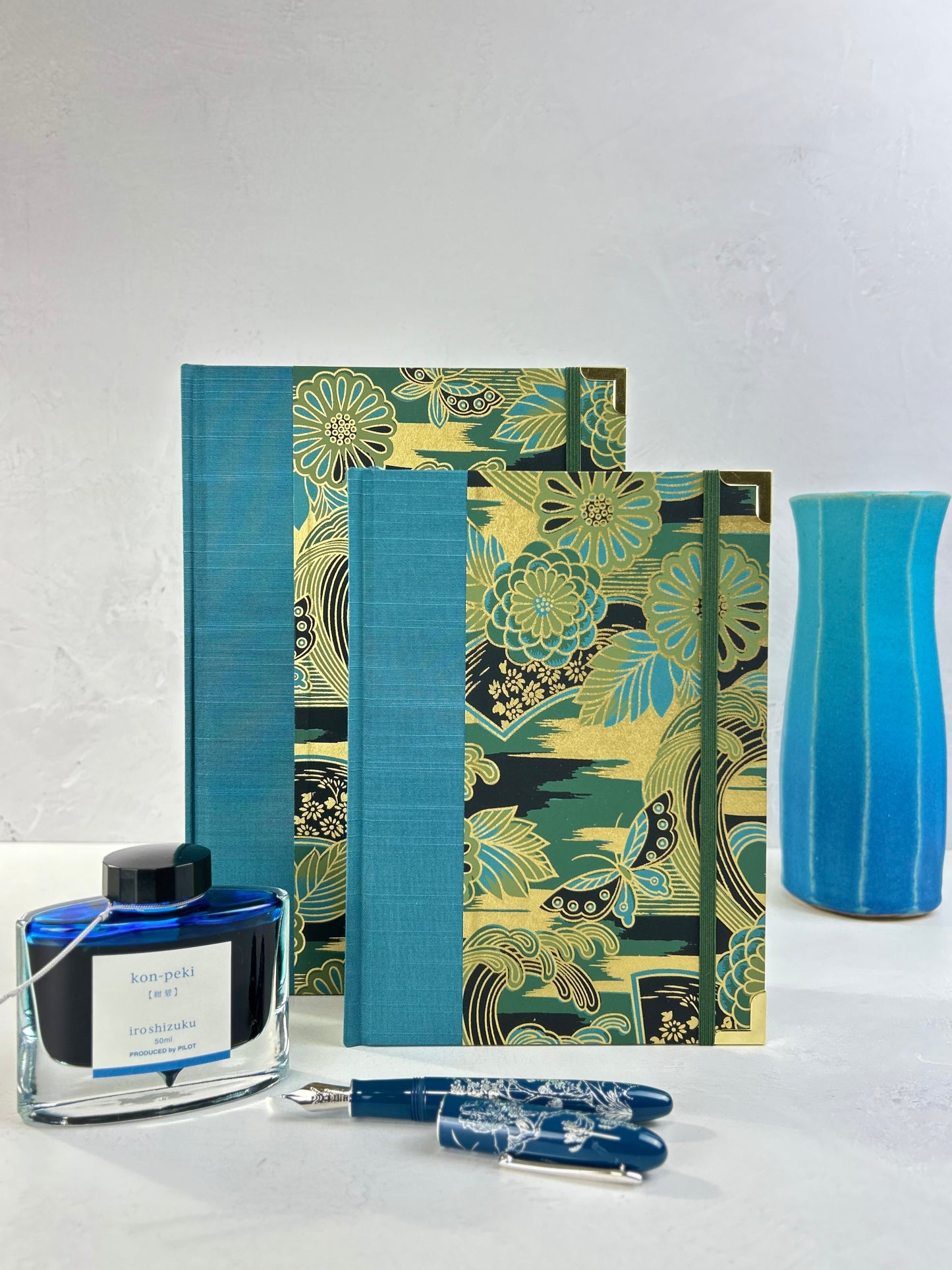 B5 Hardcover Notebook finished in Marine Blue Japanese book cloth and bold botanical Chiyogami Paper