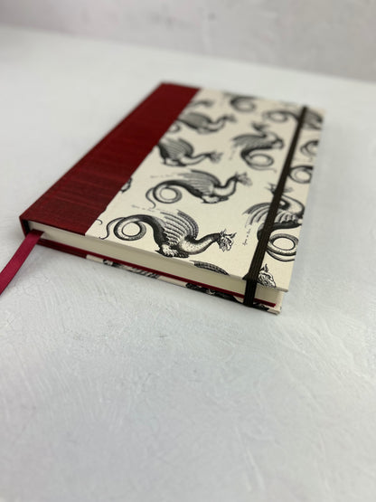 NEW A5 Hardcover Notebook finished in Blood Red Japanese book cloth and Italian Medieval Letterpress Dragons Paper