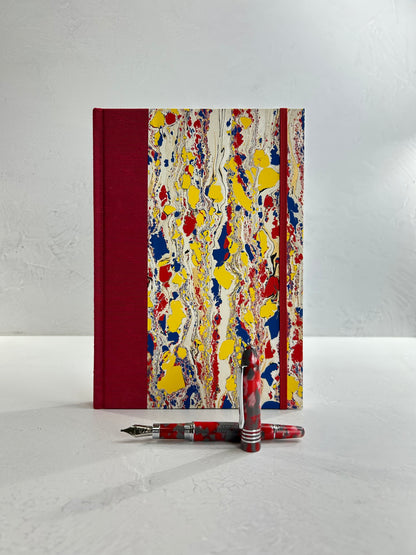 B5 192-page Hardcover Journal finished in Cardinal Red Japanese book cloth and Italian hand-marbled paper by Renato Crepaldi