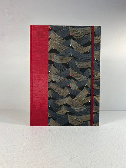 (PRE-ORDER October Delivery) B5 192-page Hardcover Notebook finished in Cardinal Red Japanese Bookcloth and Black and Gold Chiyogami Japanese Paper