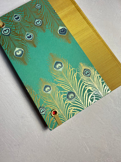 A5 Hardcover Notebook finished in Yellow Gold Japanese Book cloth and Matthew Williamson Peacock print