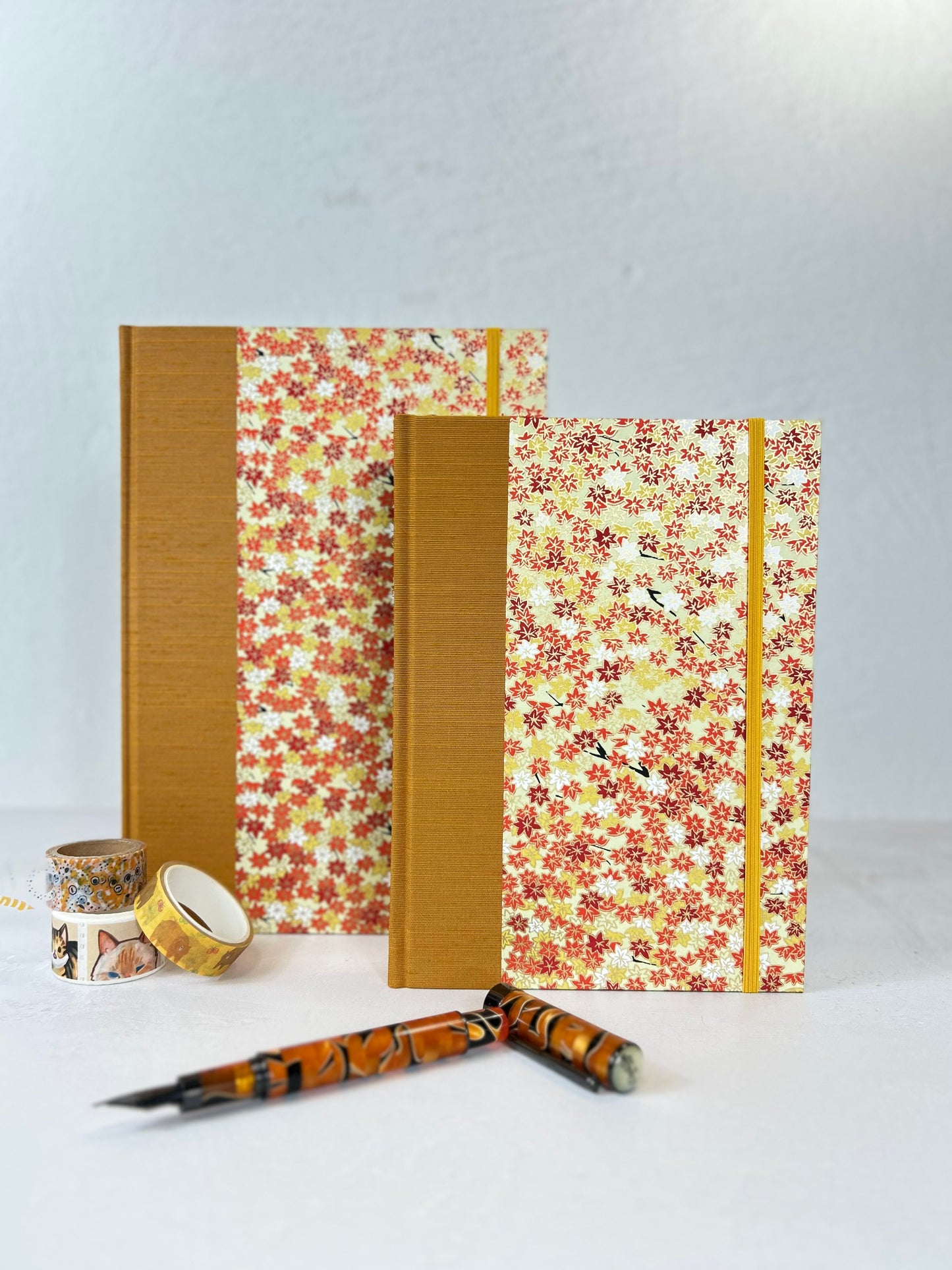 NEW A5 Hardcover Notebook finished in Ochre Japanese book cloth and Fall leaves Chiyogami Paper