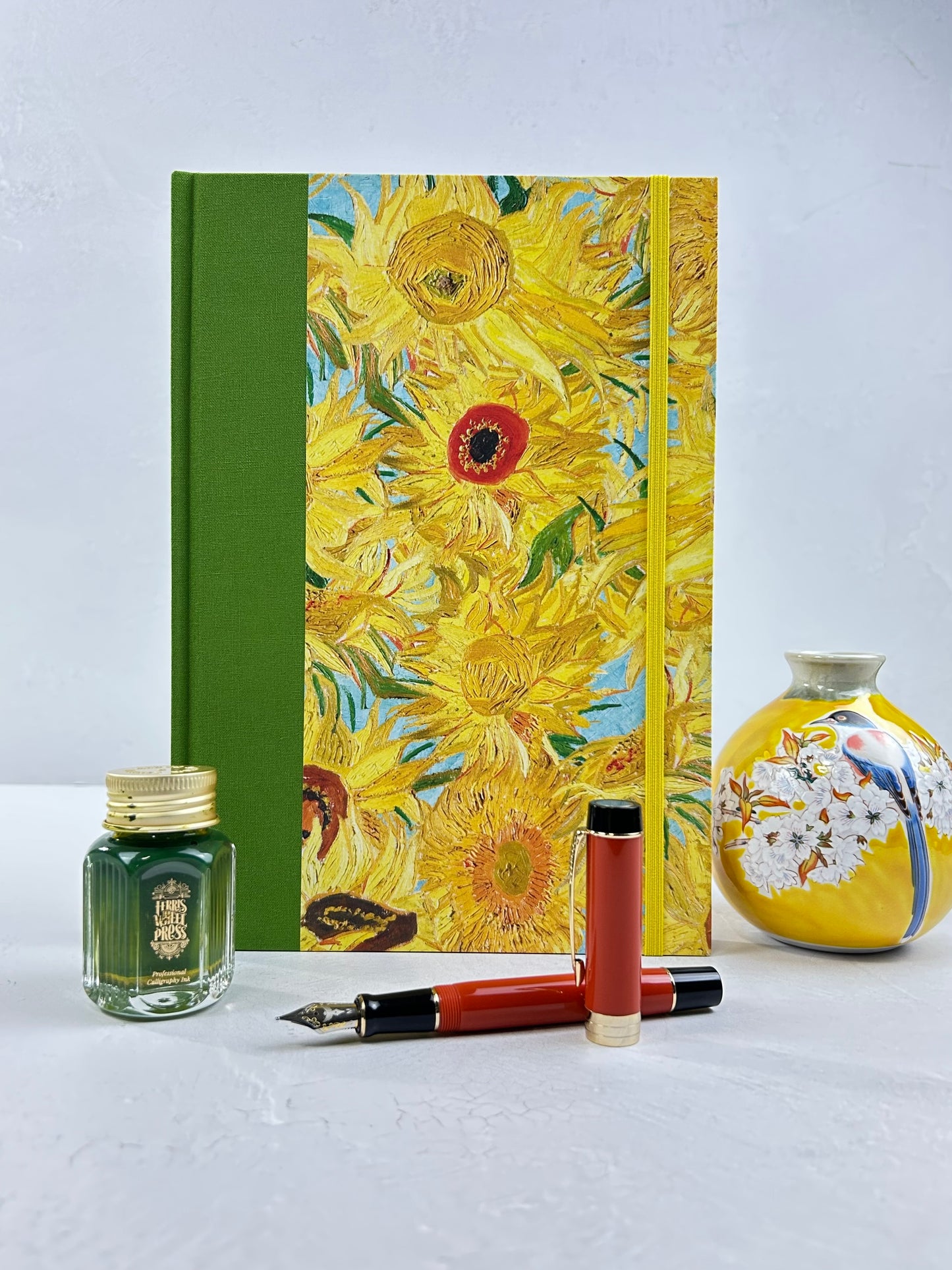 B5 192-page Hardcover Journal finished in Lemon Grass Green Verona book cloth and Sunflowers by Vincent Van Gogh
