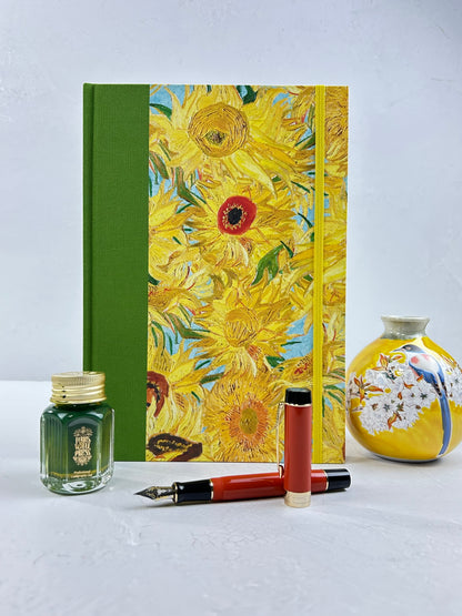 B5 192-page Hardcover Journal finished in Lemon Grass Green Verona book cloth and Sunflowers by Vincent Van Gogh
