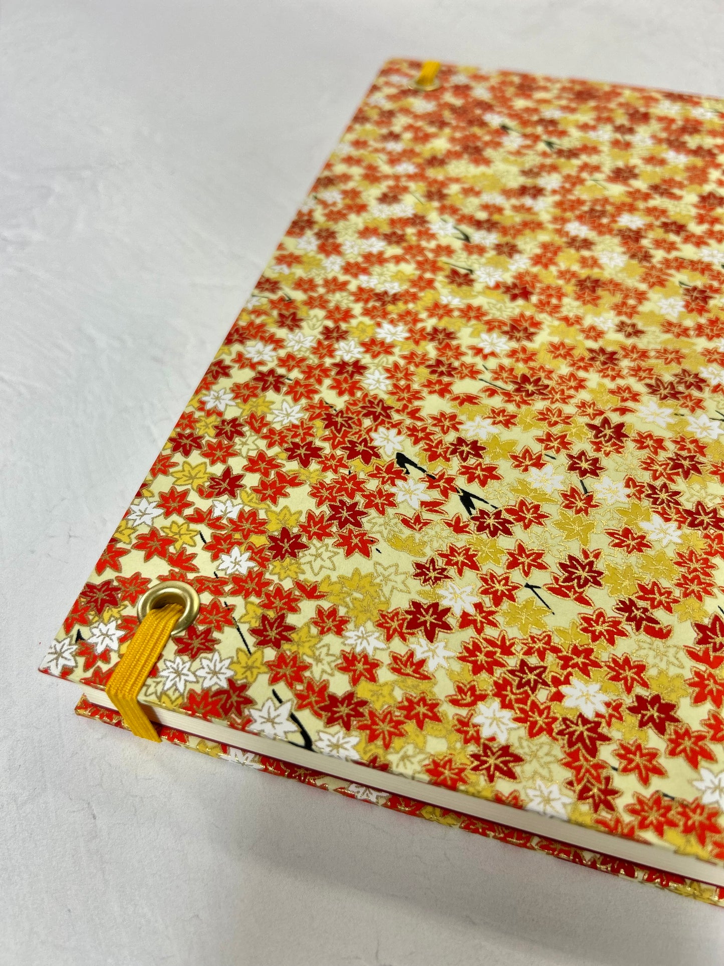 NEW A5 Hardcover Notebook finished in Ochre Japanese book cloth and Fall leaves Chiyogami Paper